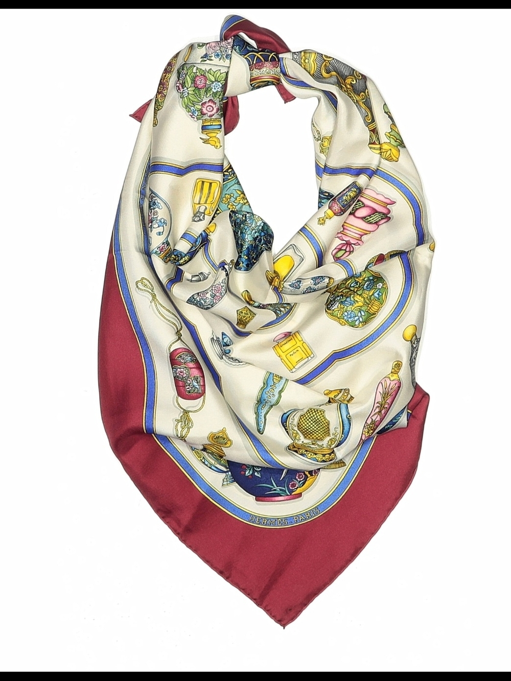 Hermes Silk Scarf - Cream & Burgundy Patterned Designer Style